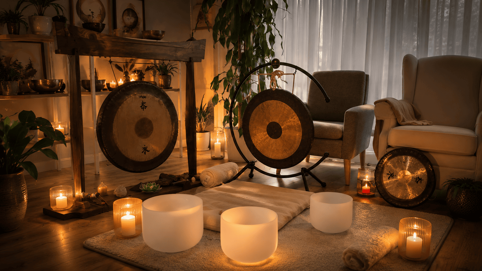 Stimmungsvoller Klangraum mit Gongs, Kerzen und ruhiger Atmosphäre
